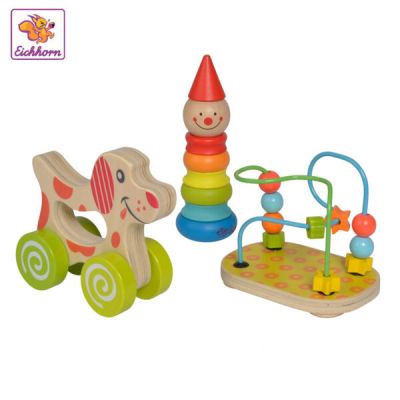 Комплект дървени играчки - низанка, пирамида и кученце на колела Eichhorn 100003750