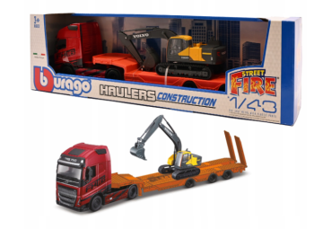 Метален камион Volvo FH16 с ремарке и багер Volvo Bburago 1/43 