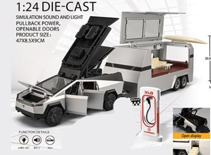 Метален автомобил Tesla Cybertruck с каравана със звук и светлини 1/24 
