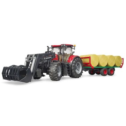Трактор CASE IH OPTUM 300CVX с челен товарач и транспортно ремарке за бали BRUDER 03198