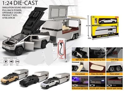 Метален автомобил Tesla Cybertruck с каравана със звук и светлини 1/24 