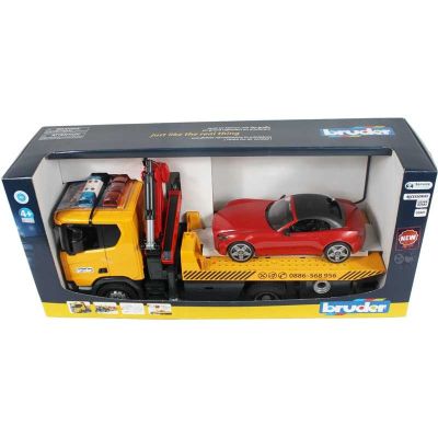 Камион паяк с платформа Scania Super 560R с кола Роудстър Bruder 03552 