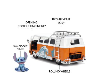 Метален автомобил VW Bus 1961с фигурка Stitch 1:24 Jada 9336340