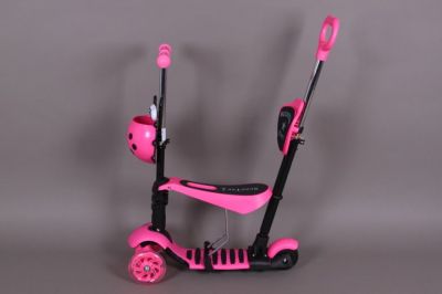 Тротинетка със седалка и светещи гуми с родителски контрол 5 в 1 розова