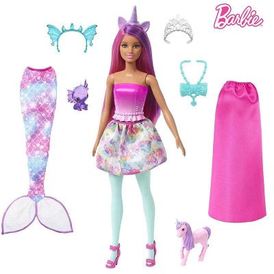 Кукла Барби Dreamtopia 3в1 принцеса с костюми на фея и на русалка Barbie HLC28 