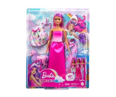 Кукла Барби Dreamtopia 3в1 принцеса с костюми на фея и на русалка Barbie HLC28 