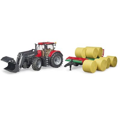Трактор CASE IH OPTUM 300CVX с челен товарач и транспортно ремарке за бали BRUDER 03198