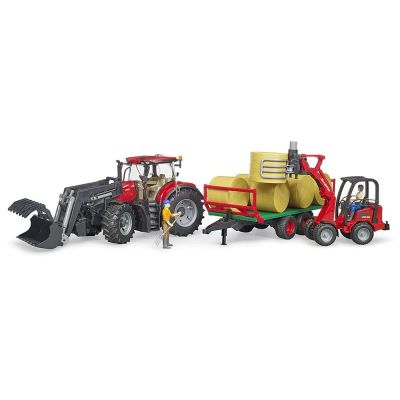 Трактор CASE IH OPTUM 300CVX с челен товарач и транспортно ремарке за бали BRUDER 03198