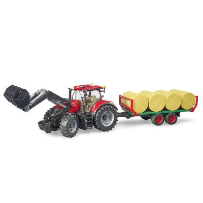 Трактор CASE IH OPTUM 300CVX с челен товарач и транспортно ремарке за бали BRUDER 03198