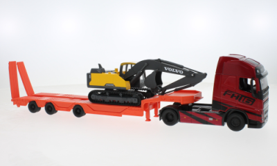 Метален камион Volvo FH16 с ремарке и багер Volvo Bburago 1/43 